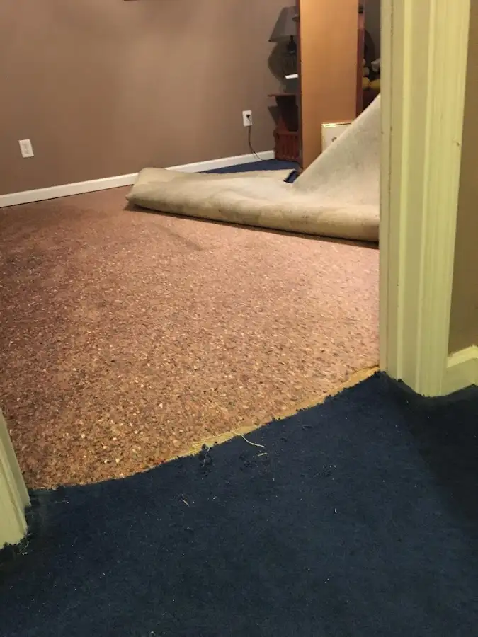 Carpet pad removal revealing water damage during Water Mitigation Services in Lake Los Angeles